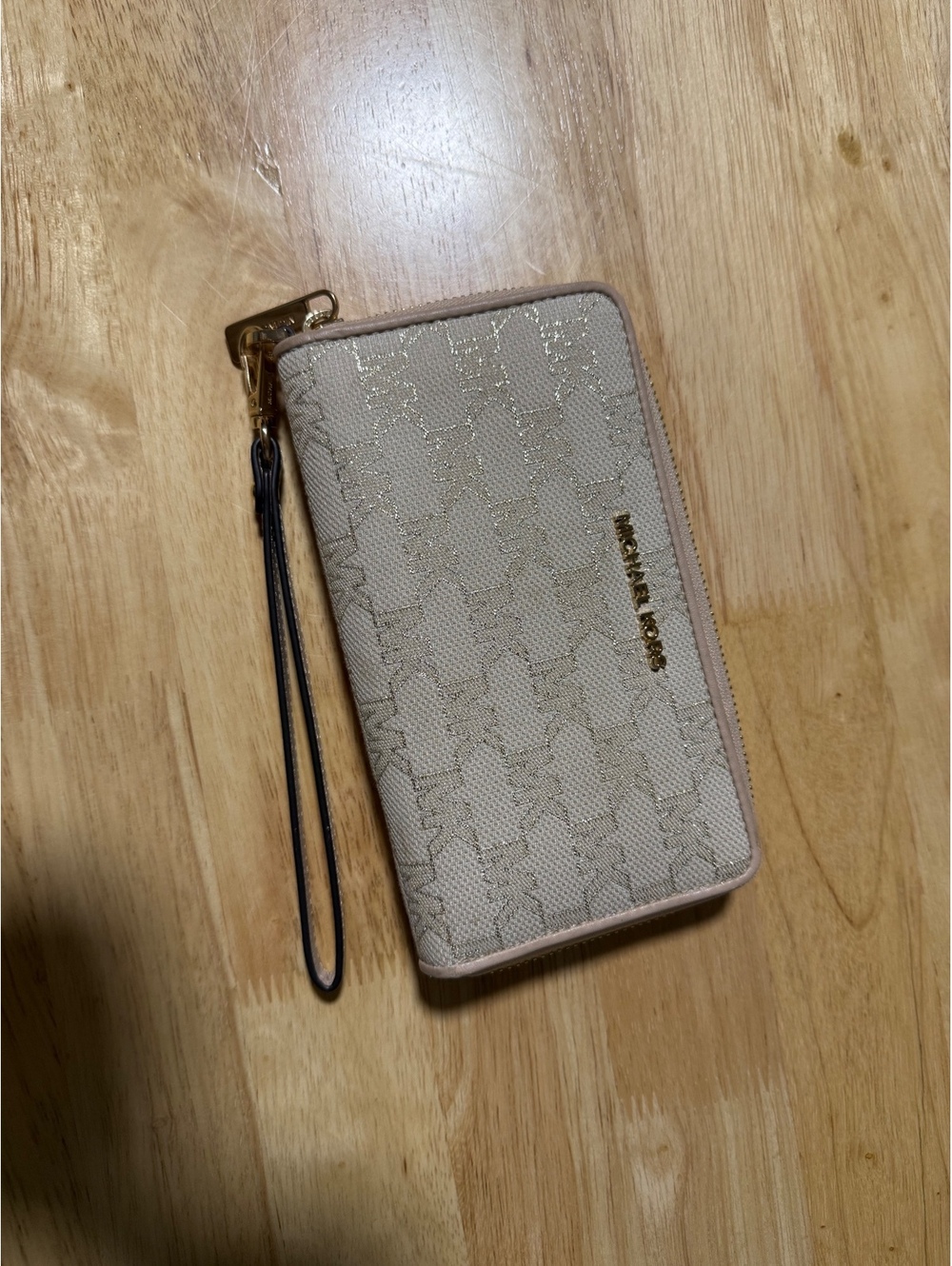 Michael Kors Pale Pink Beige Logo Zip Around Wristlet Wallet Gold Hardware